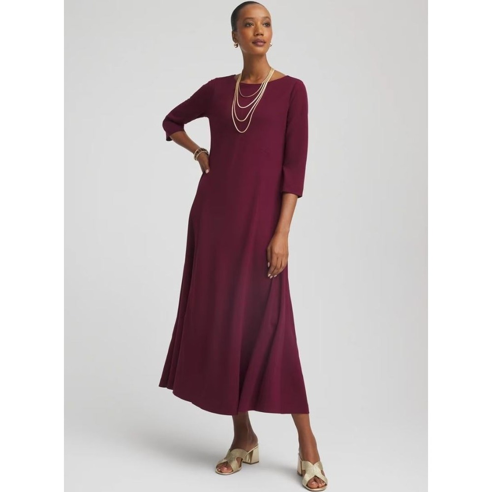 Chico's maxi dress womens 00 US XS burgundy stretch 570397687 seam crepe $159